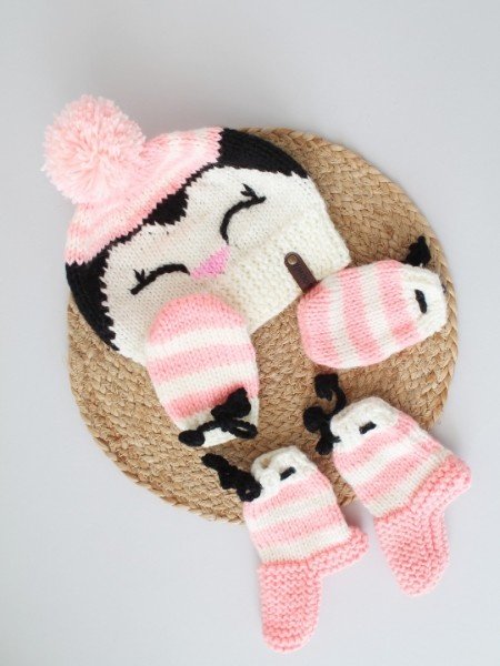 Woonie Handknitted Penguin Design Cap with Matching Mittens and Socks Set